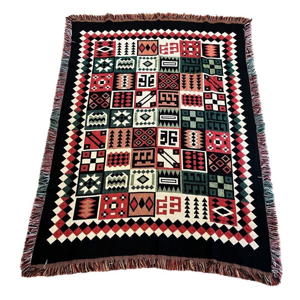 VTG Crown Crafts Throw Blanket Southwestern Geometric Quilt Block Browns 42x58”